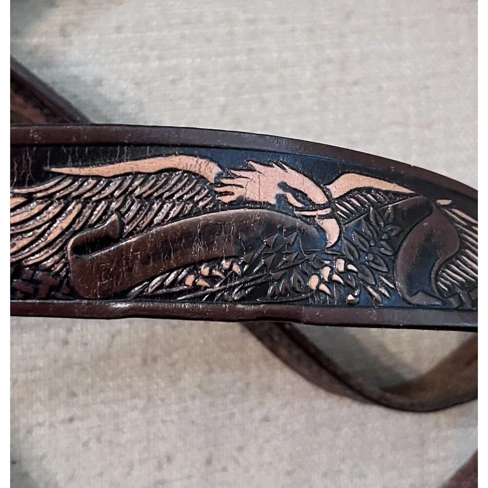 Vtg Style Tooled Buckle Belt Western Eagle Cowboy 44 Brown Leather Y2K Rodeo